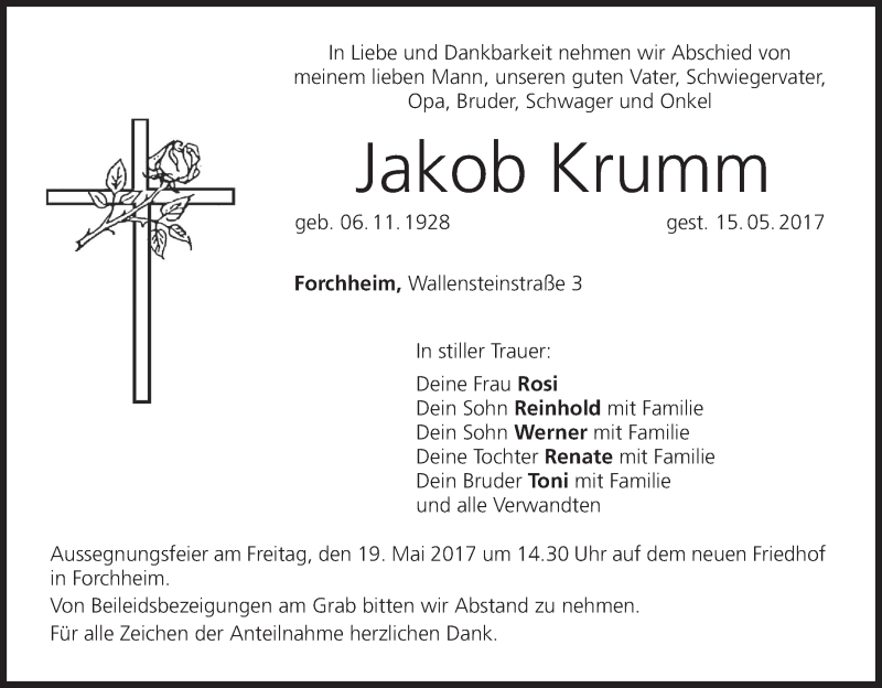  Traueranzeige für Jakob Krumm vom 17.05.2017 aus MGO