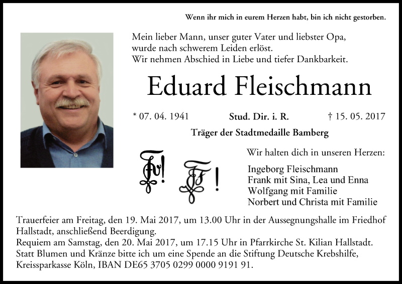  Traueranzeige für Eduard Fleischmann vom 17.05.2017 aus MGO
