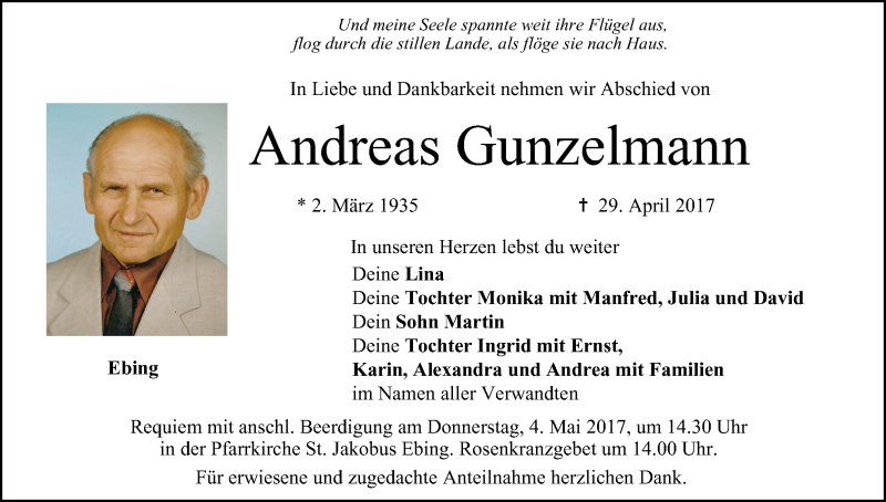  Traueranzeige für Andreas Gunzelmann vom 02.05.2017 aus MGO
