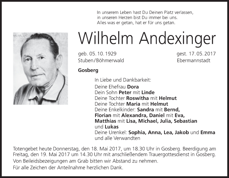  Traueranzeige für Wilhelm Andexinger vom 18.05.2017 aus MGO