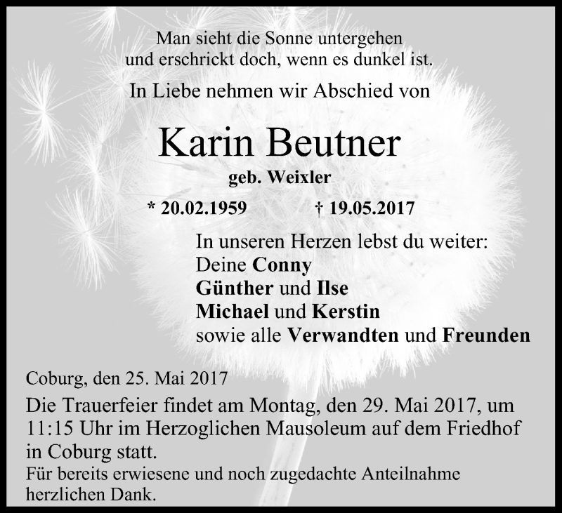  Traueranzeige für Karin Beutner vom 25.05.2017 aus MGO