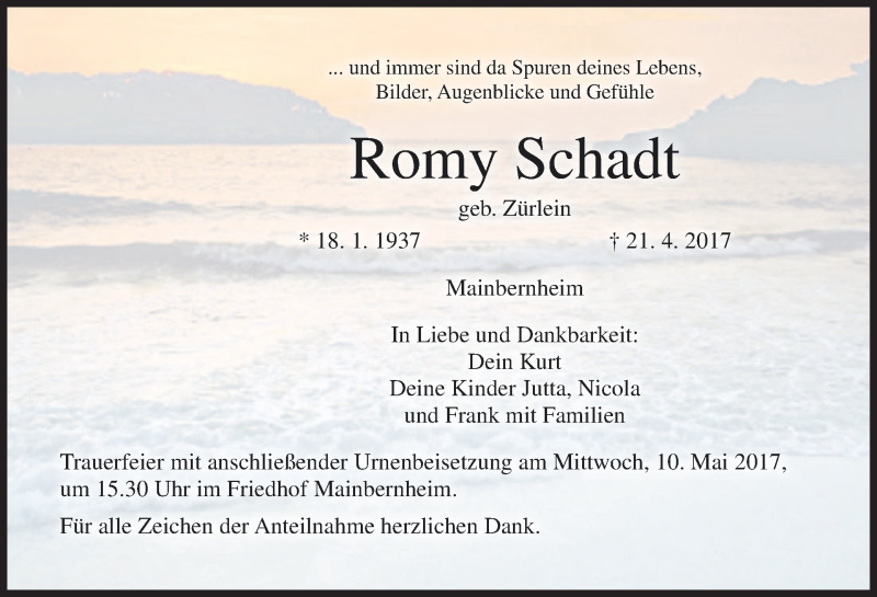  Traueranzeige für Romy Schadt vom 06.05.2017 aus MGO
