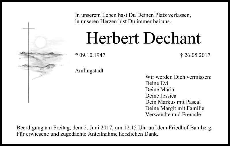  Traueranzeige für Herbert Dechant vom 31.05.2017 aus MGO