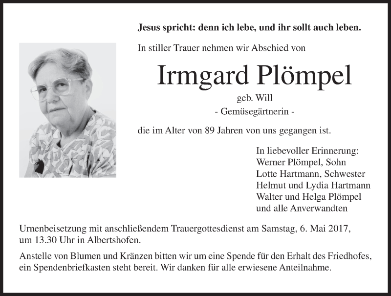 Traueranzeige für Irmgard Plömpel vom 04.05.2017 aus MGO