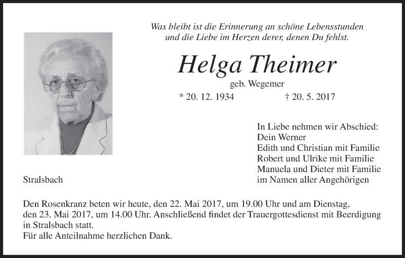  Traueranzeige für Helga Theimer vom 22.05.2017 aus MGO