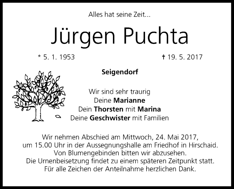  Traueranzeige für Jürgen Puchta vom 22.05.2017 aus MGO