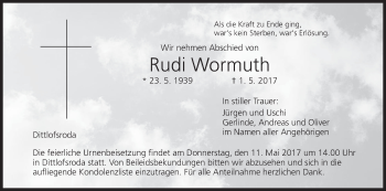 Anzeige von Rudi Wormuth von MGO