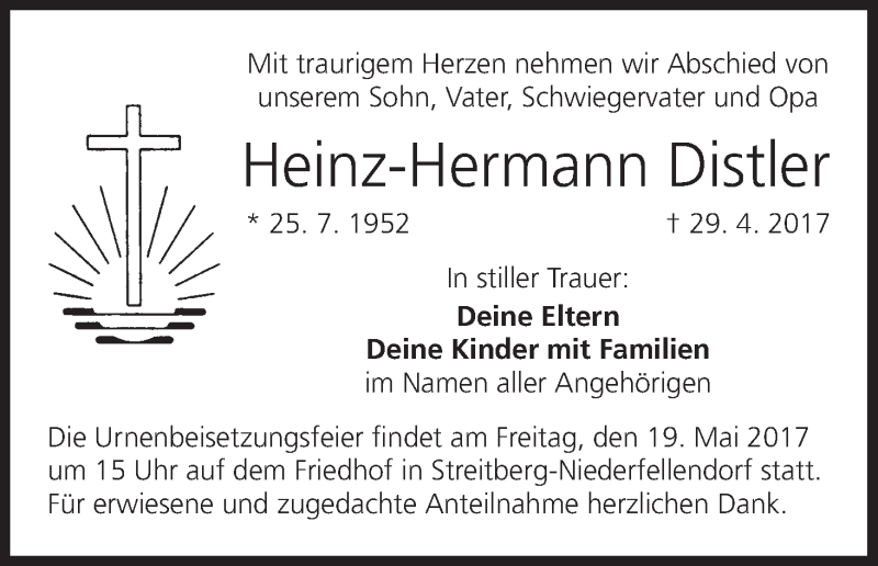  Traueranzeige für Heinz-Hermann Distler vom 17.05.2017 aus MGO