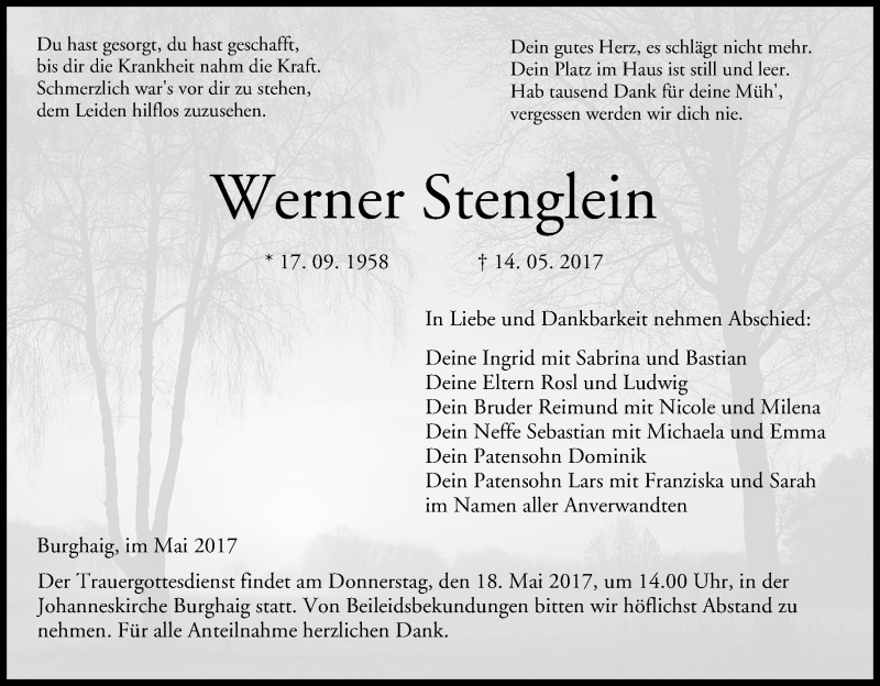 Traueranzeige für Werner Stenglein vom 16.05.2017 aus MGO