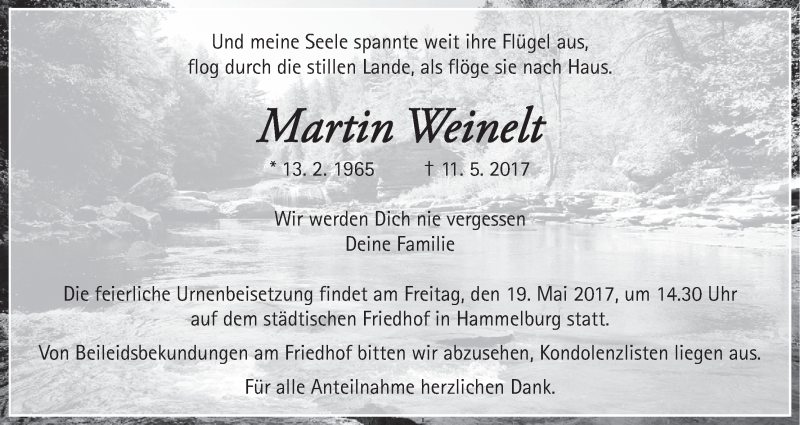  Traueranzeige für Martin Weinelt vom 16.05.2017 aus MGO
