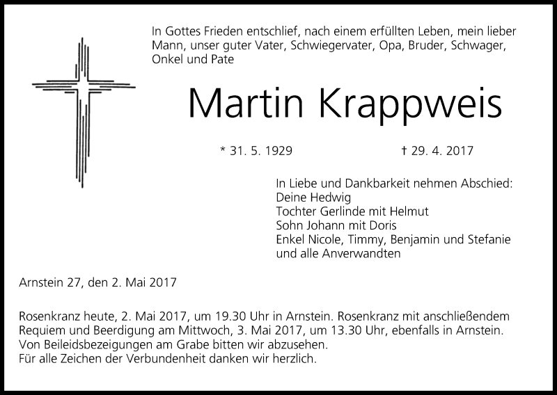  Traueranzeige für Martin Krappweis vom 02.05.2017 aus MGO