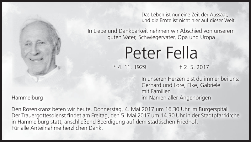  Traueranzeige für Peter Fella vom 04.05.2017 aus MGO