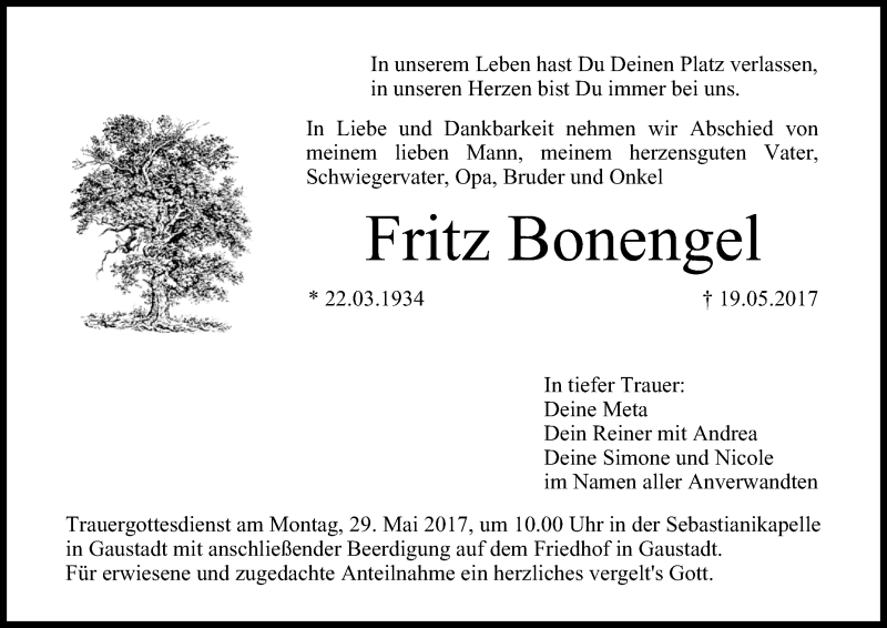  Traueranzeige für Fritz Bonengel vom 27.05.2017 aus MGO
