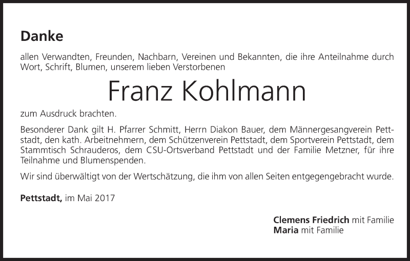  Traueranzeige für Franz Kohlmann vom 25.05.2017 aus MGO