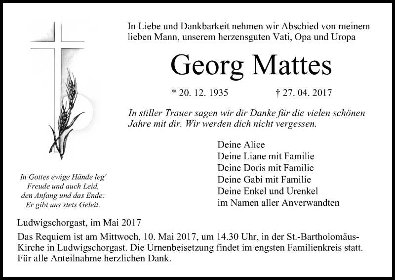  Traueranzeige für Georg Mattes vom 06.05.2017 aus MGO