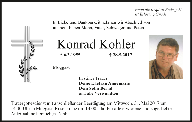  Traueranzeige für Konrad Kohler vom 30.05.2017 aus MGO