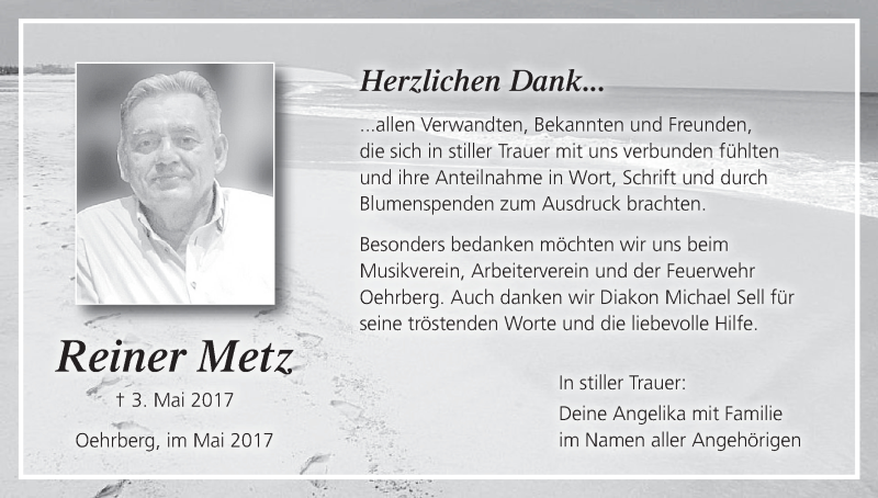  Traueranzeige für Reiner Metz vom 27.05.2017 aus MGO