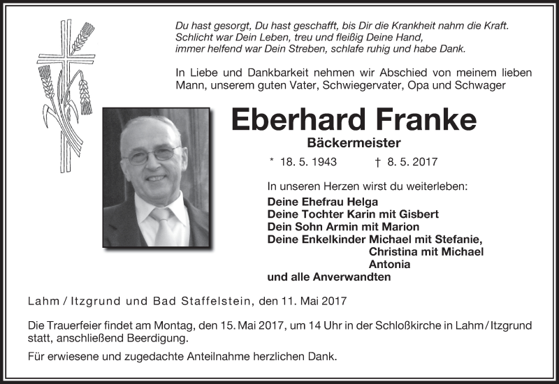  Traueranzeige für Eberhard Franke vom 11.05.2017 aus MGO