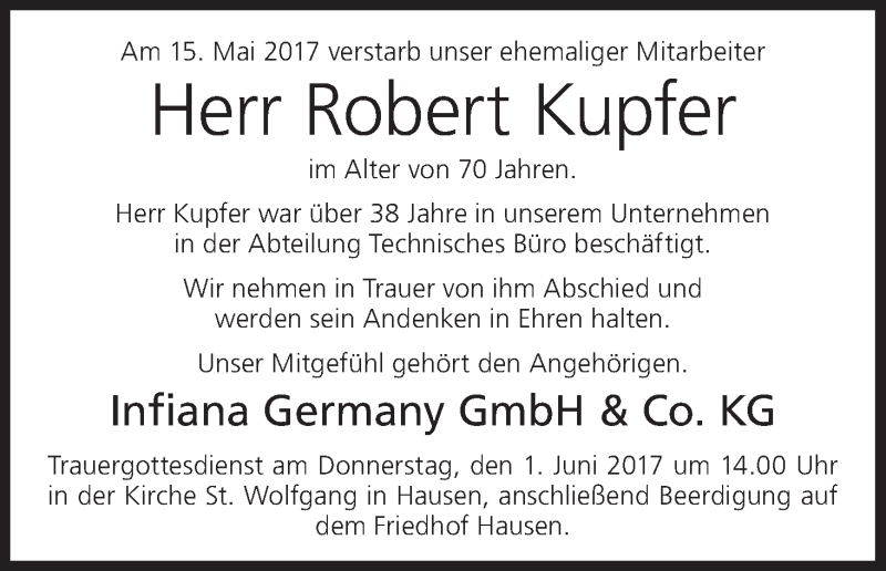  Traueranzeige für Robert Kupfer vom 30.05.2017 aus MGO