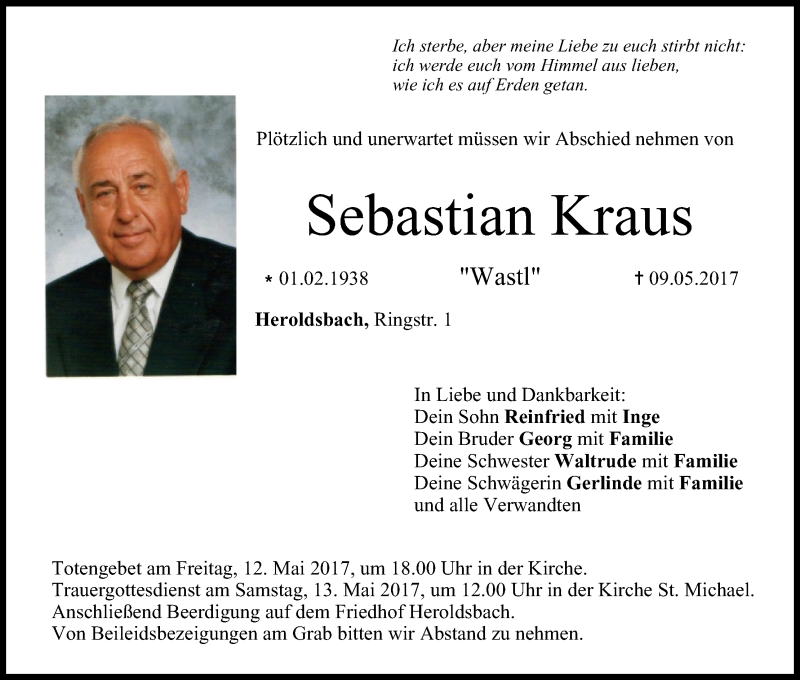  Traueranzeige für Sebastian Kraus vom 10.05.2017 aus MGO
