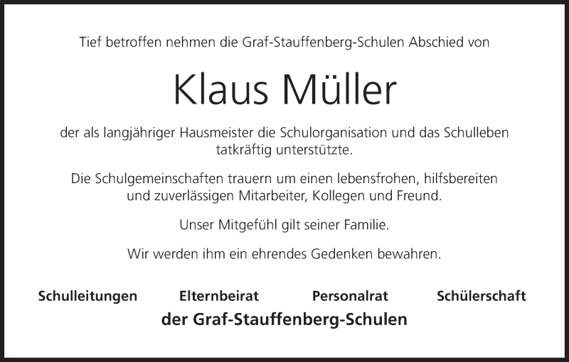  Traueranzeige für Klaus Müller vom 06.05.2017 aus MGO