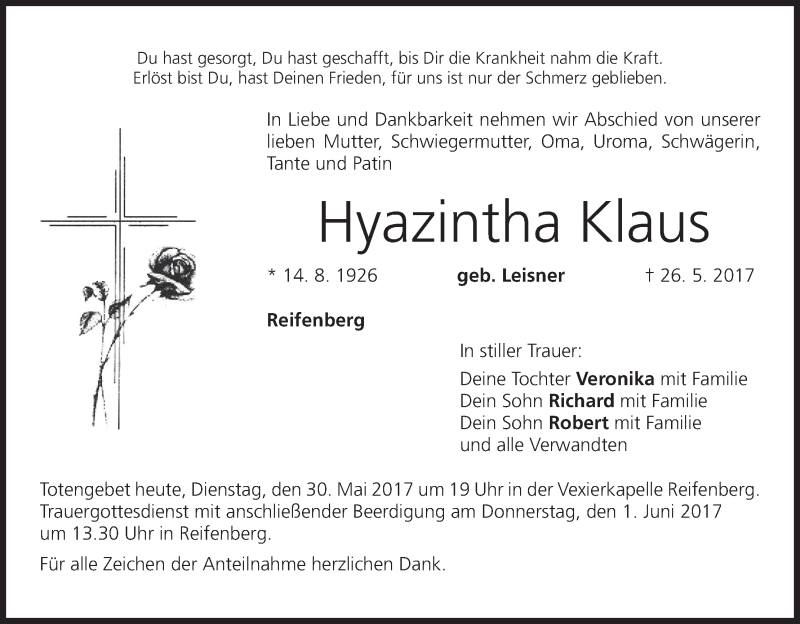  Traueranzeige für Hyazintha Klaus vom 30.05.2017 aus MGO