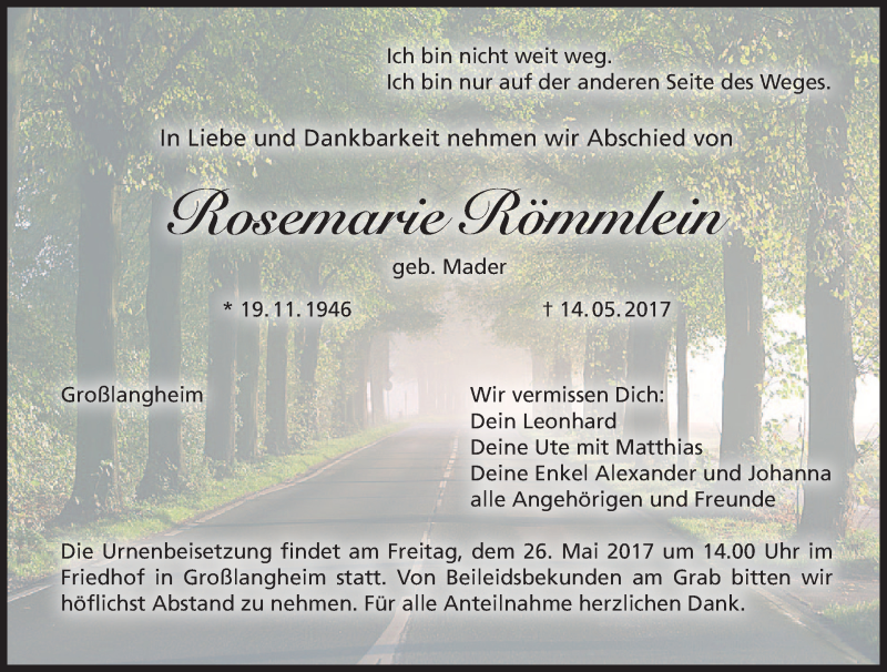  Traueranzeige für Rosemarie Römmlein vom 22.05.2017 aus MGO