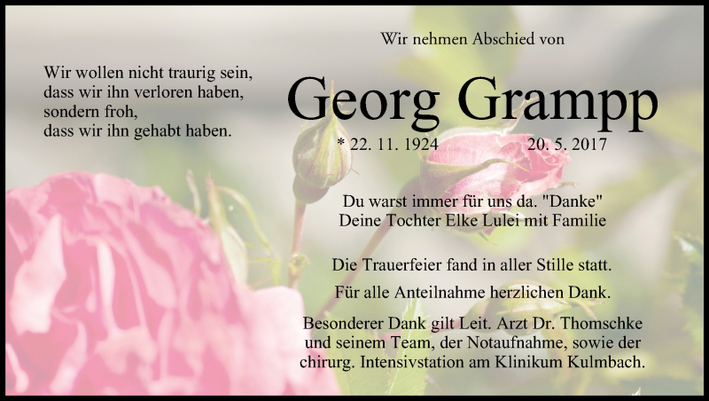  Traueranzeige für Georg Grampp vom 27.05.2017 aus MGO