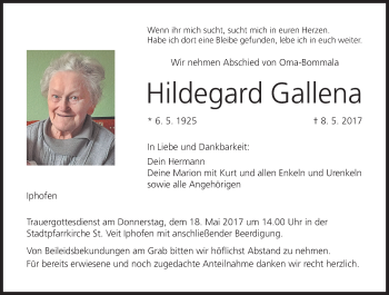 Anzeige von Hildegard Gallena von MGO