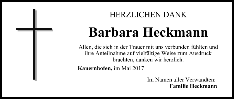  Traueranzeige für Barbara Heckmann vom 10.05.2017 aus MGO