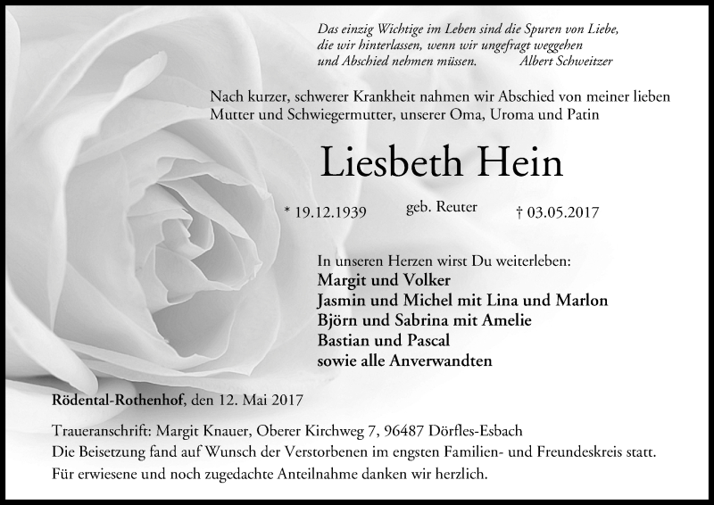  Traueranzeige für Liesbeth Hein vom 12.05.2017 aus MGO