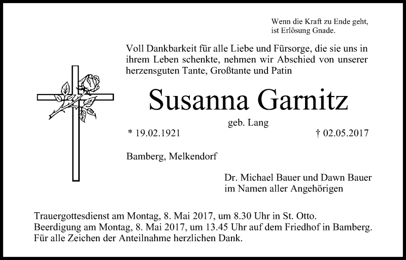  Traueranzeige für Susanna Garnitz vom 06.05.2017 aus MGO