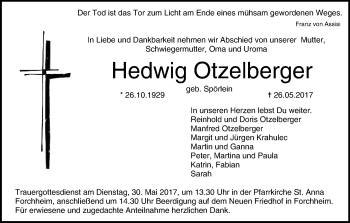 Anzeige von Hedwig Otzelberger von MGO