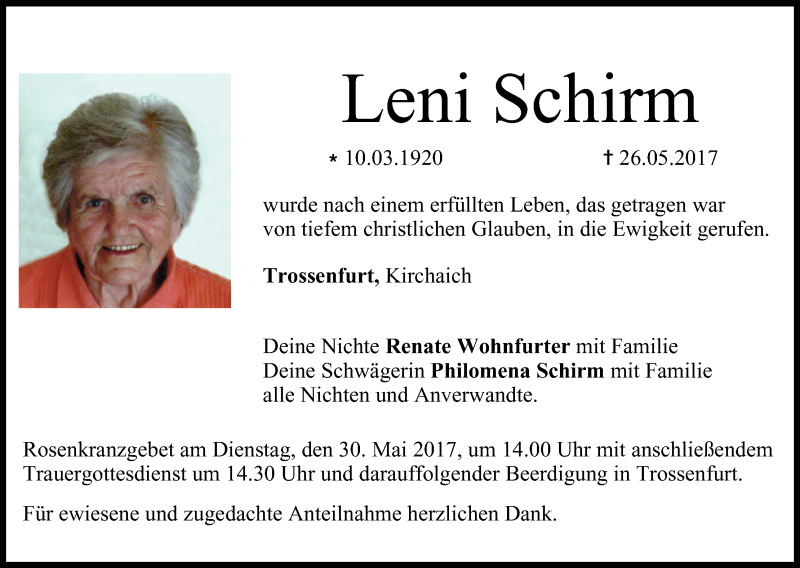  Traueranzeige für Leni Schirm vom 29.05.2017 aus MGO