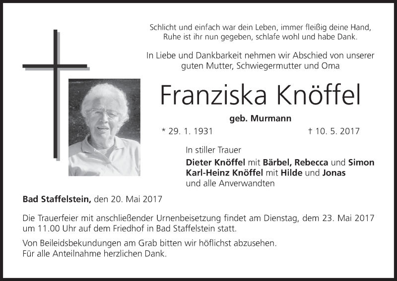  Traueranzeige für Franziska Knöffel vom 20.05.2017 aus MGO