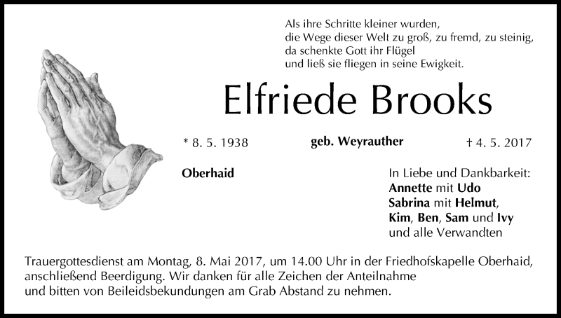  Traueranzeige für Elfriede Brooks vom 06.05.2017 aus MGO