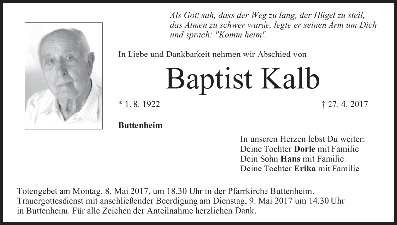  Traueranzeige für Baptist Kalb vom 03.05.2017 aus MGO