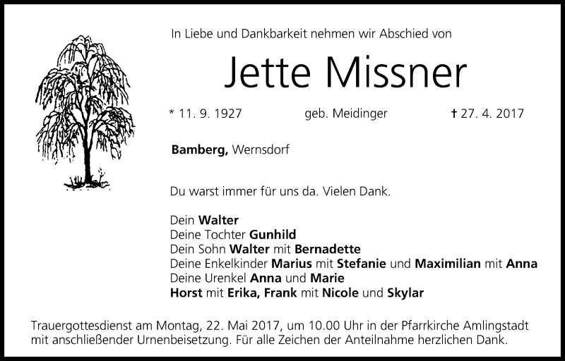  Traueranzeige für Jette Missner vom 13.05.2017 aus MGO