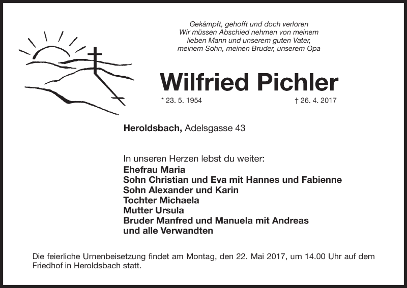  Traueranzeige für Wilfried Pichler vom 20.05.2017 aus MGO