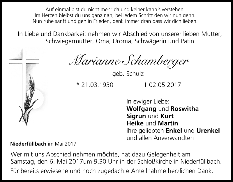  Traueranzeige für Marianne Schamberger vom 05.05.2017 aus MGO