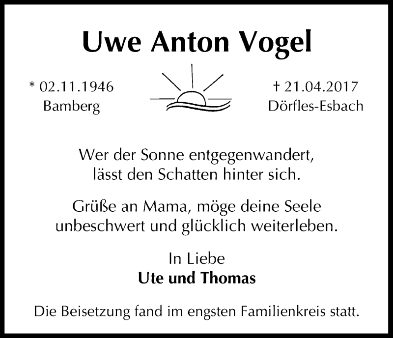  Traueranzeige für Uwe Anton Vogel vom 06.05.2017 aus MGO