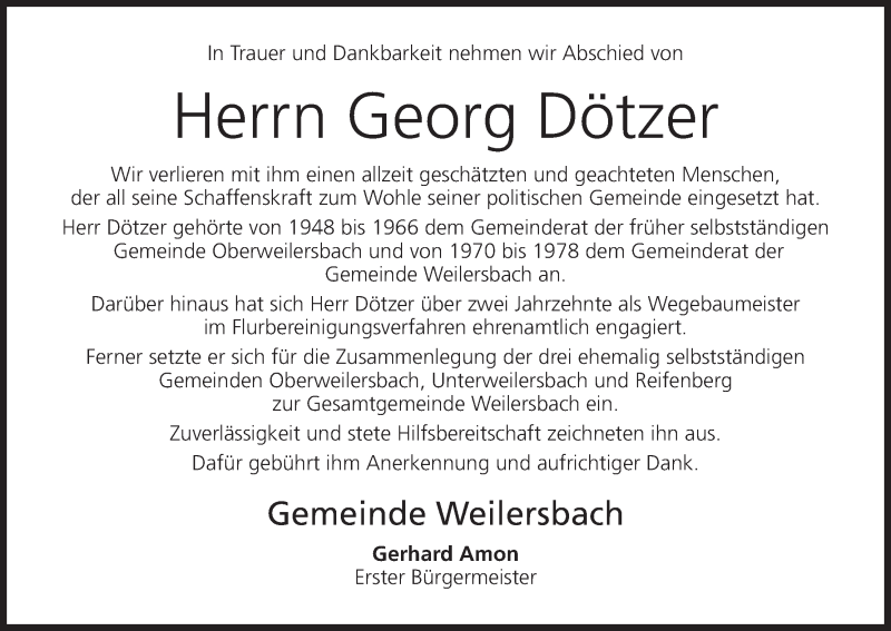  Traueranzeige für Georg Dötzer vom 30.05.2017 aus MGO
