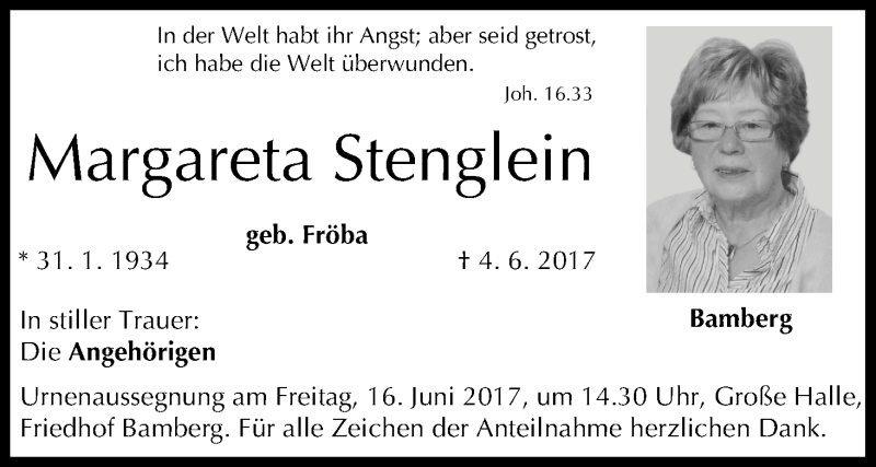  Traueranzeige für Margareta Stenglein vom 07.06.2017 aus MGO