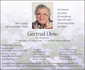 Anzeige von Gertrud Deso von MGO