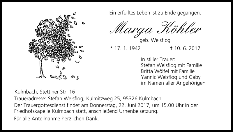  Traueranzeige für Marga Köhler vom 20.06.2017 aus MGO