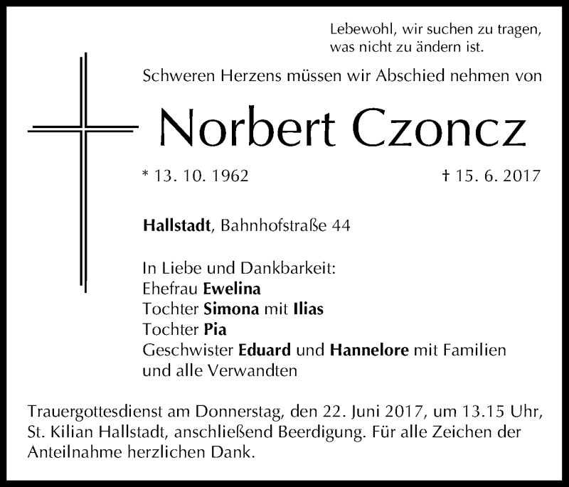  Traueranzeige für Norbert Czoncz vom 17.06.2017 aus MGO