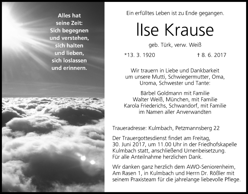  Traueranzeige für lIse Krause vom 28.06.2017 aus MGO