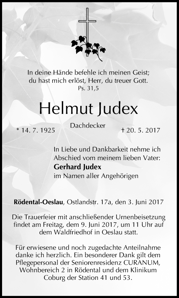  Traueranzeige für Helmut Judex vom 03.06.2017 aus MGO