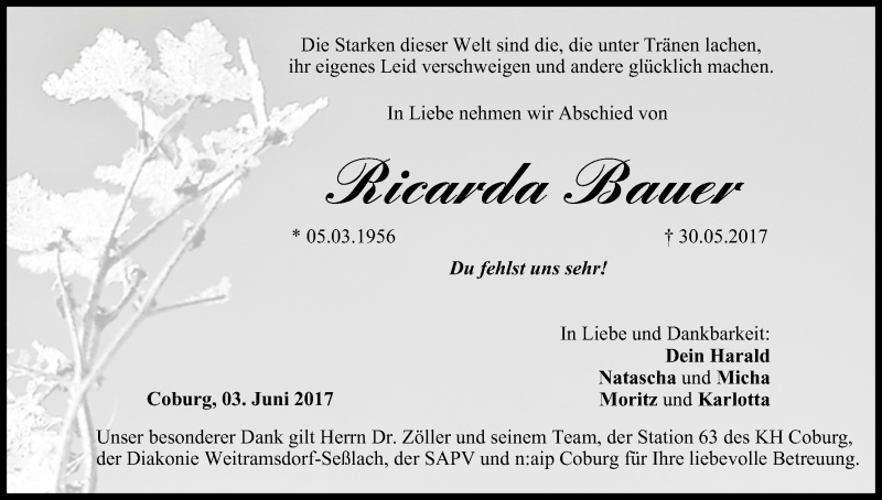  Traueranzeige für Ricarda Bauer vom 03.06.2017 aus MGO