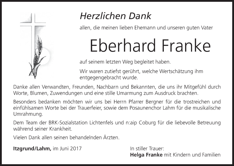  Traueranzeige für Eberhard Franke vom 03.06.2017 aus MGO